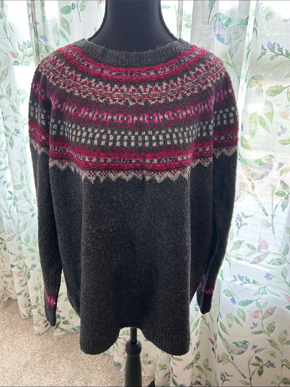 J. Jill Charcoal Crewneck Sweater with Pink Fair Isle Yoke